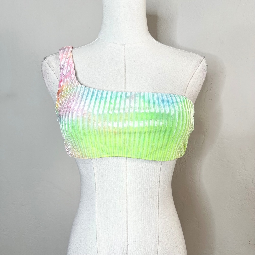 Dippin Daisysβ Rainbow Tie Dye Ribbed Velvet One Shoulder Bandeau Bikini Top Sml